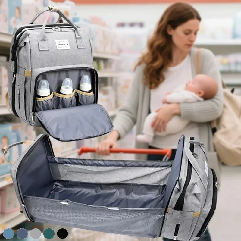 Large Capacity Mommy Diaper Backpack with Changing Mat, Foldable Baby Bed Design Nursing Bag for Milk Bottle Storage