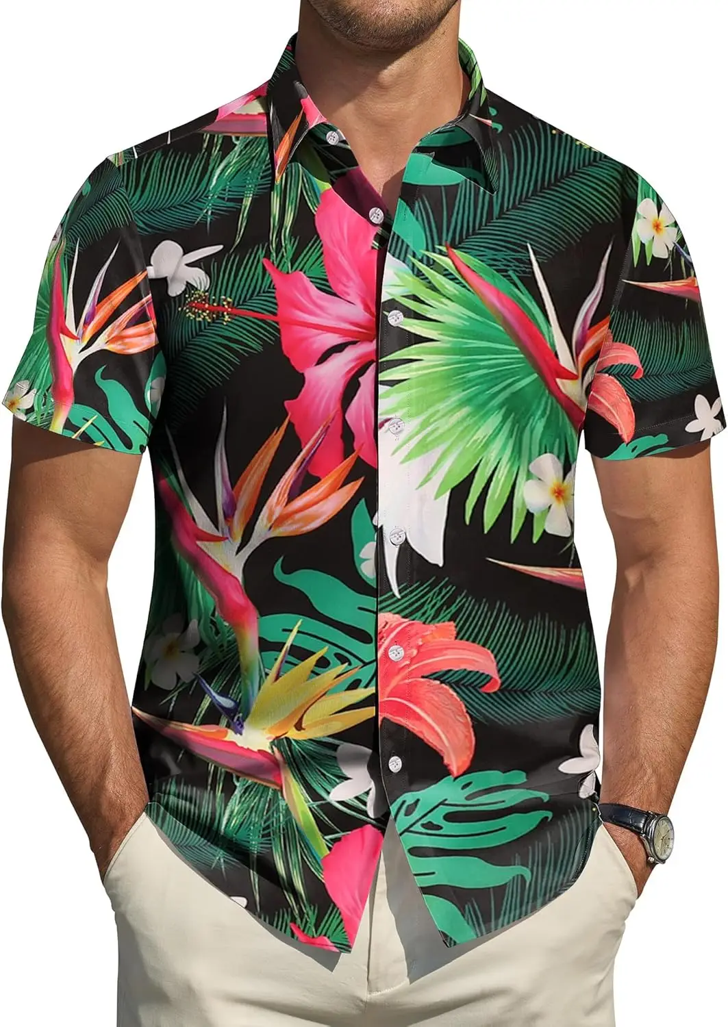 

Гавайская рубашка для мужчин, рубашка на пуговицах с коротким рукавом, мужская повседневная летняя тропическая пляжная рубашка Aloha, Гавайская вечеринка
