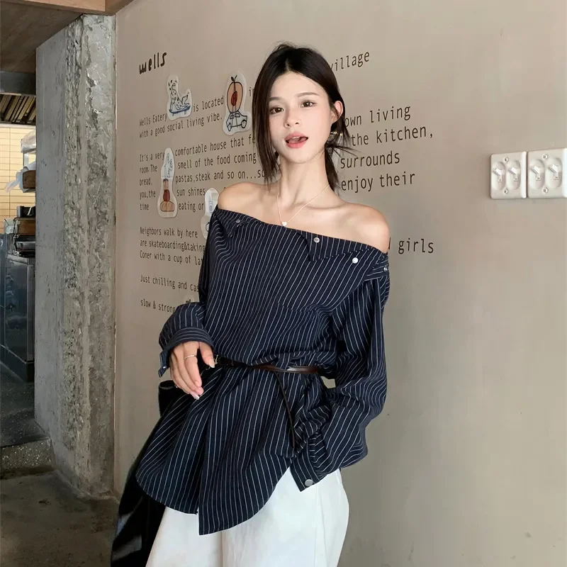 Korean Style Fashion Casual Original Design Striped Off Shoulder Long Sleeved Shirt Autumn New Elegant Loose Popular Women\'s Top