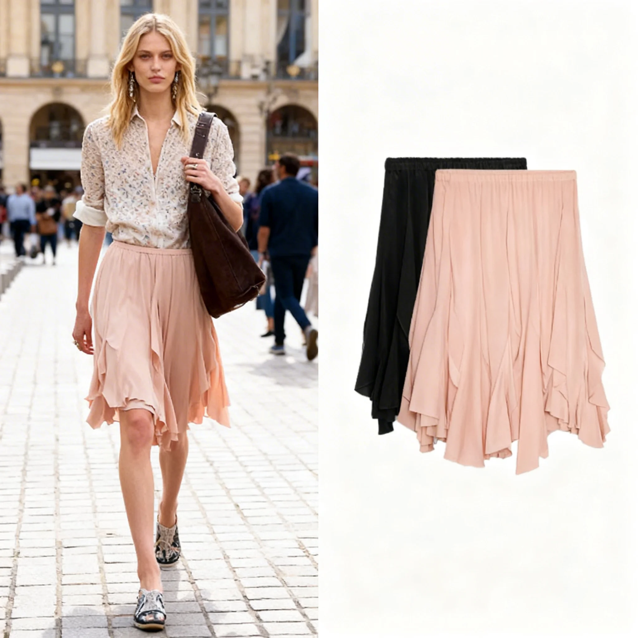Summer Women's Vacation Style Asymmetric Hem Layered Decoration High Waist Short Skirt Retro Commute Gored Skirt Loose Fit