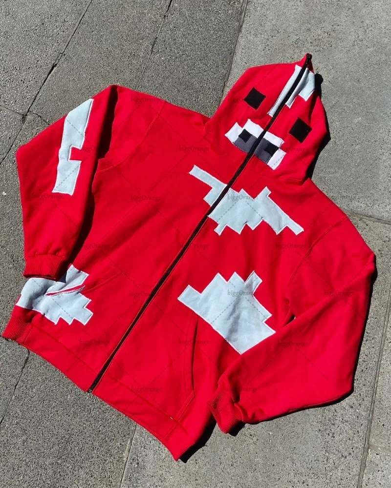 

New High Street Fashion Brand Clothing Red Embroidered Street Zipper Hoodie Men American Retro Gothic Oversized Sweatshirt