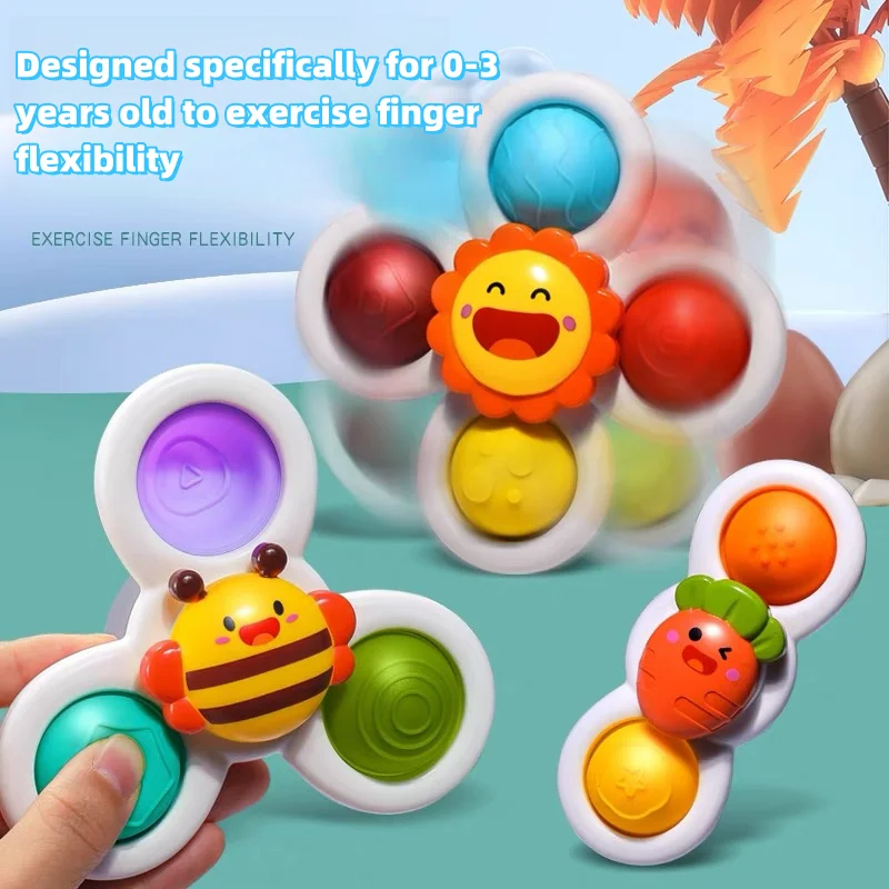 3Pcs Novelty Fidget Suction Cup Spinner Toy For Baby Cartoon Insect Rotating Rattle Educational Baby Games Bath Toys For Childre