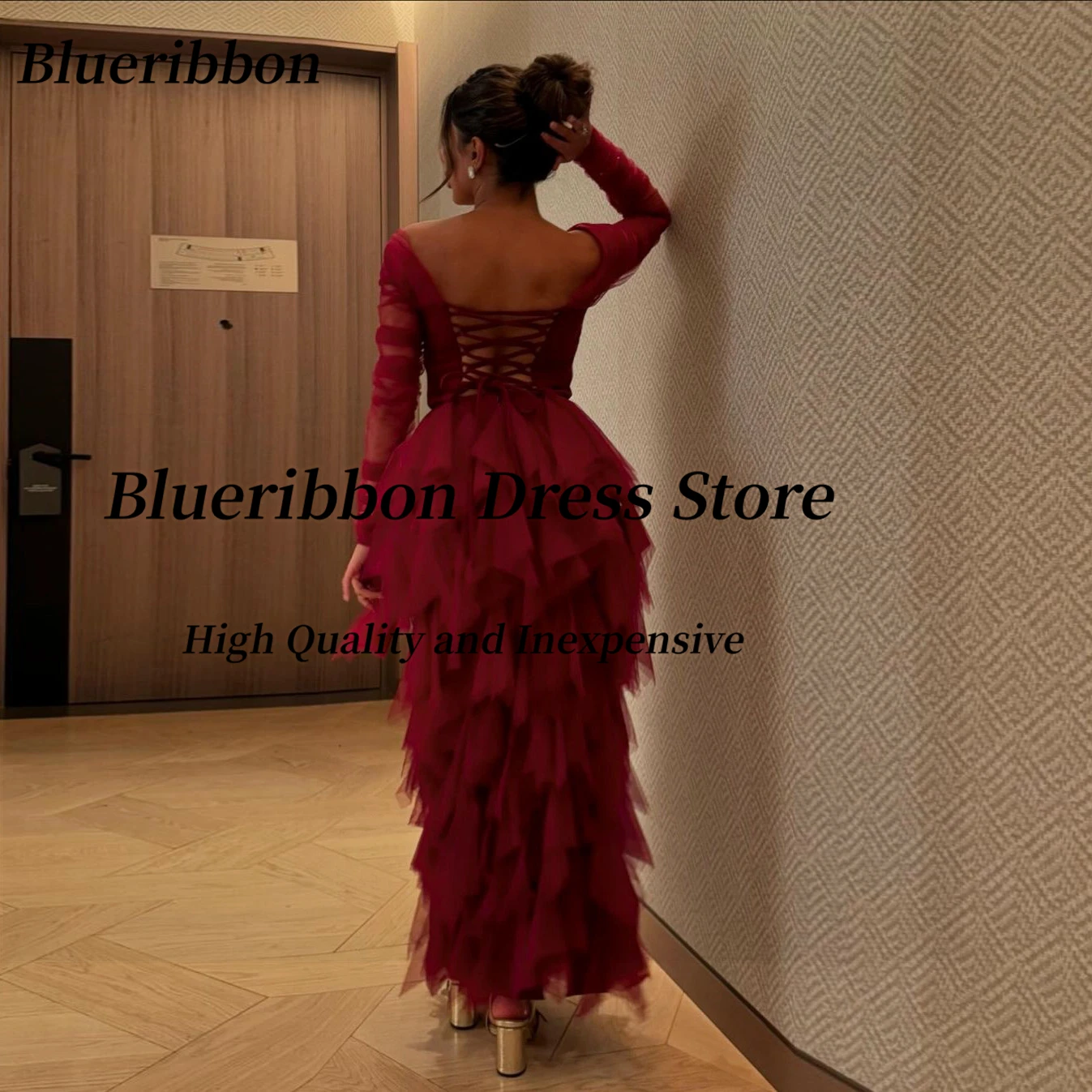 Blueribbon Ruffles Tulle Prom Dresses Off Shoulder Long Sleeves Holiday Party Girls Wear Lace Up Sexy Back Evening Gowns