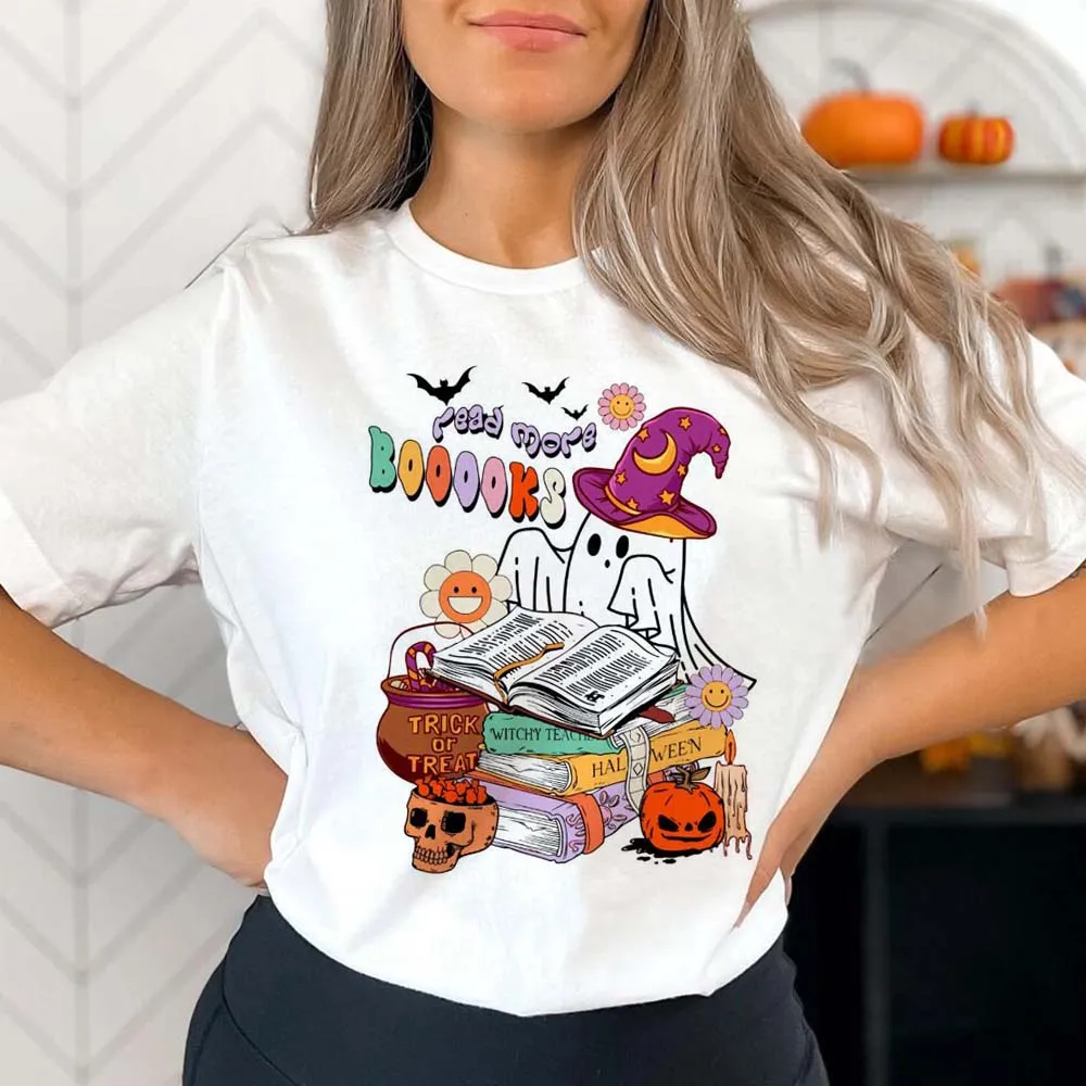 Read More Books Halloween Spooky Teacher Ghost Printed T-Shirt Clothing Printed Pattern Cartoon Women\'s Leisure Halloween T-Shir