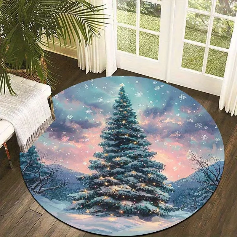 Red Barn Christmas Round Rug Winter Snow Farm Print Soft Circle Carpet for Holiday Bedroom Living Room Xmas Decor Floor Mat