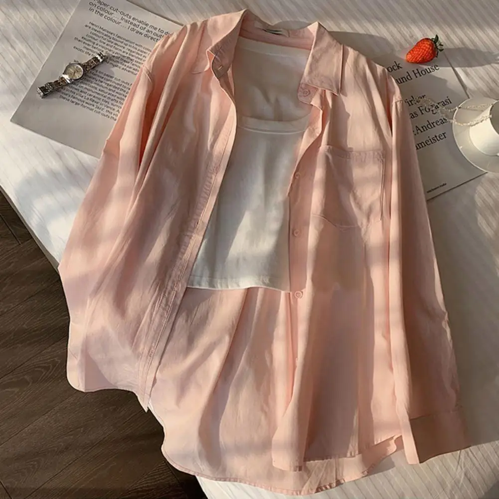 Camisa solta de manga comprida feminina, monocromática, lapela, casual, escritório, tops de trabalho, blusa versátil