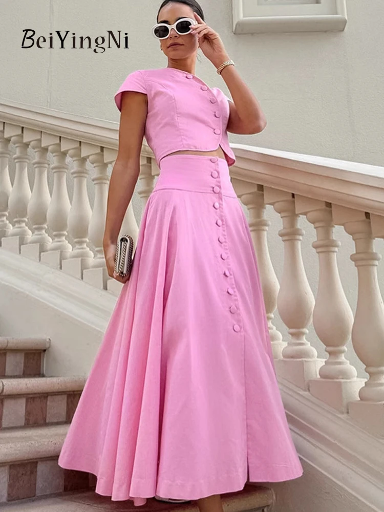 

Beiyingni 2025 Spring Summer Pink Female V-neck Top + Long Pleated Skirts Sets Elegant Luxury Women's Maxi Skirt 2 Piece Set