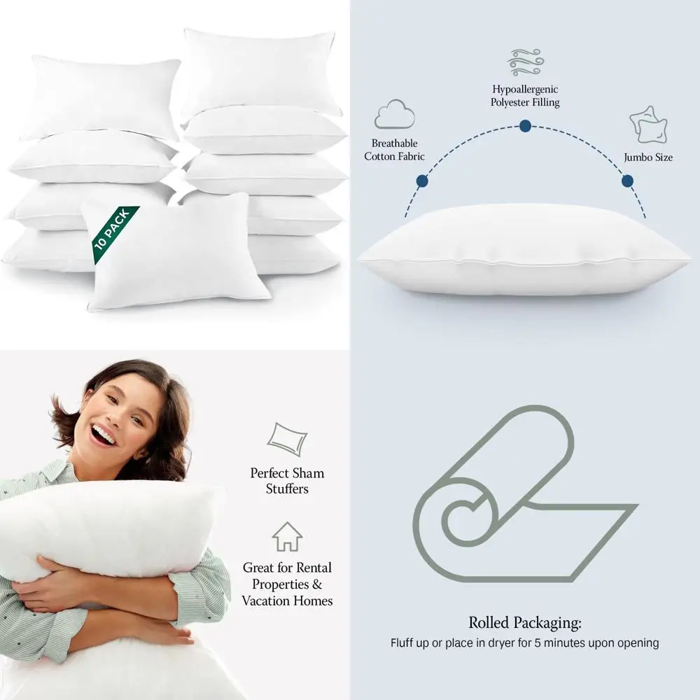 

Гипоаллергенные пуховые альтернативные подушки в гостиничном стиле — 10 шт., стандартная/королевская Jumbo, 20x28 дюймов, мягкая/средняя твердость