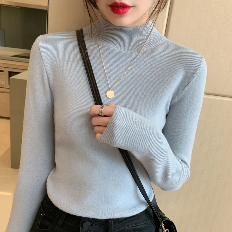 Zjaiss Women Fashion Stretch Tops Autumn Winter Turtleneck Sweater Women Knitted Pullovers Long Sleeve Slim Versatile Sweaters