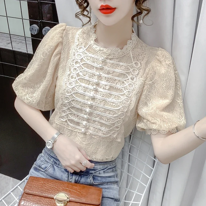 Vintage Puff Sleeve Ladies Tops Summer 2024 Fashion Short Sleeve Casual Blouses Korean Style Beading White Black Lace Shirts y2k