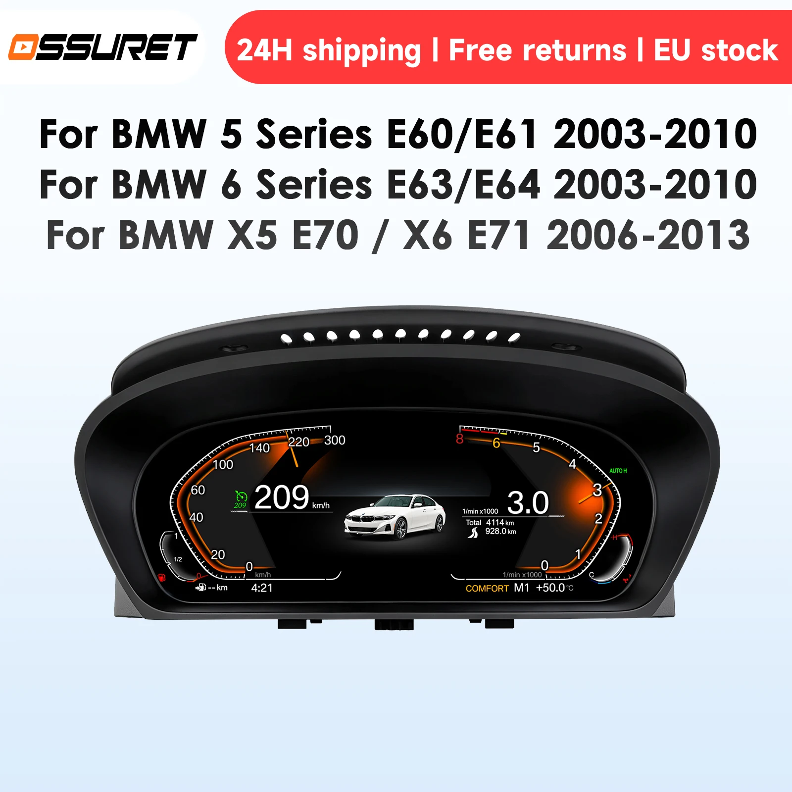 Cruscotto digitale per auto BMW Serie 5 E60/E61, per BMW Serie 6 E63/E64, per BMW X5 E70 / X6 E71, Carplay, Android Auto, tachimetro LCD, pannello strumenti, tachimetro, abitacolo