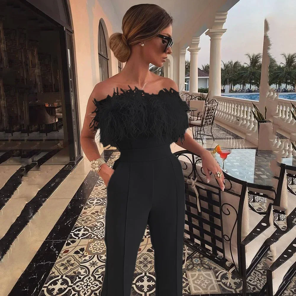 2023 Spring Summer Strapless Jumpsuits with Feather Women Overalls Sexy Elegant Tube Top Backless Party Evening Jumpsuits