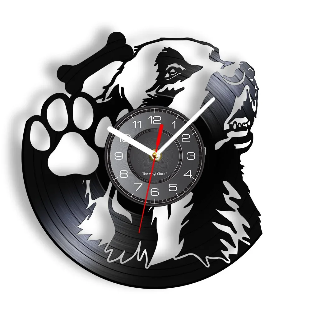 Dog Portrait Silent Wall Clock Made of Vinyl Record LP Dog Paw Dog Bone Puppy Pet Shop Wall Art Retro Home Decor Art Gift