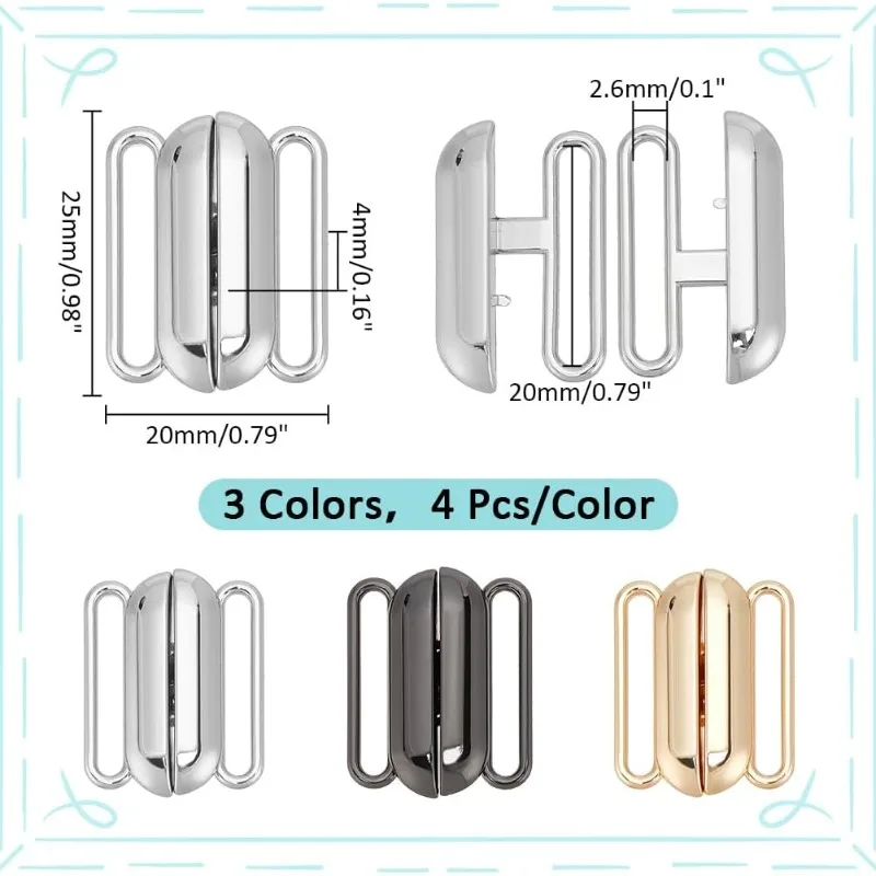 12 Sets 3 Colors Front Closing Bikini Clasp Clicker Closure 1\'\' Bra Closure Alloy Bikini Hook Closure Garment Clasps Bra Buckle