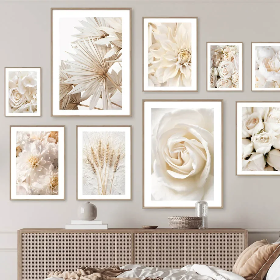 Flower Painting Posters for Living Room, Wall Art Canvas, Blooming Rose and Peonies, Beige and White Flower, Home Decor
