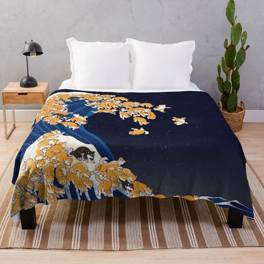 

Shiba Inu The Great Wave in Night Throw Blanket Soft warm winter Bed linens Blankets