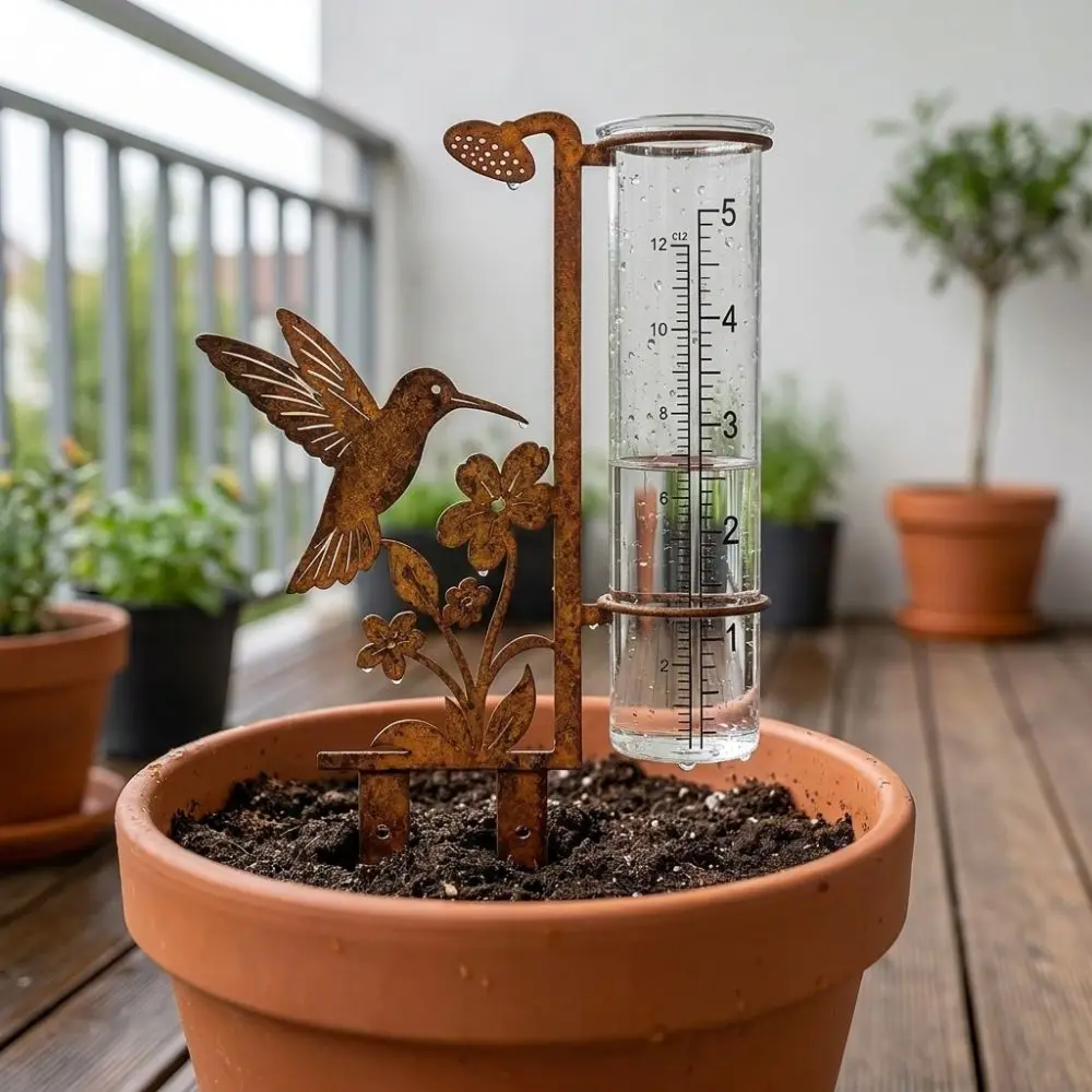 Vintage Flower Bird Metal Rain Gauge Stake Large Capacity Removable Garden Rain Meter Freeze Proof Clear Read Numbers