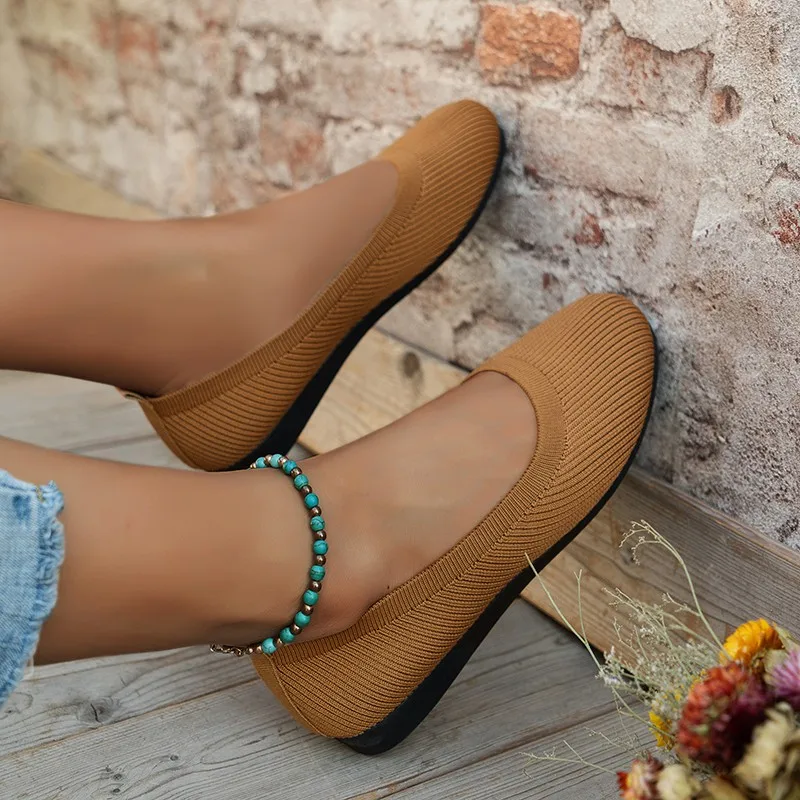 Spring and Autumn 2023 New Outwear Solid Color Oversized Shallow Cut Shoes Women\'s Knitted Comfort Flat Shoes Women