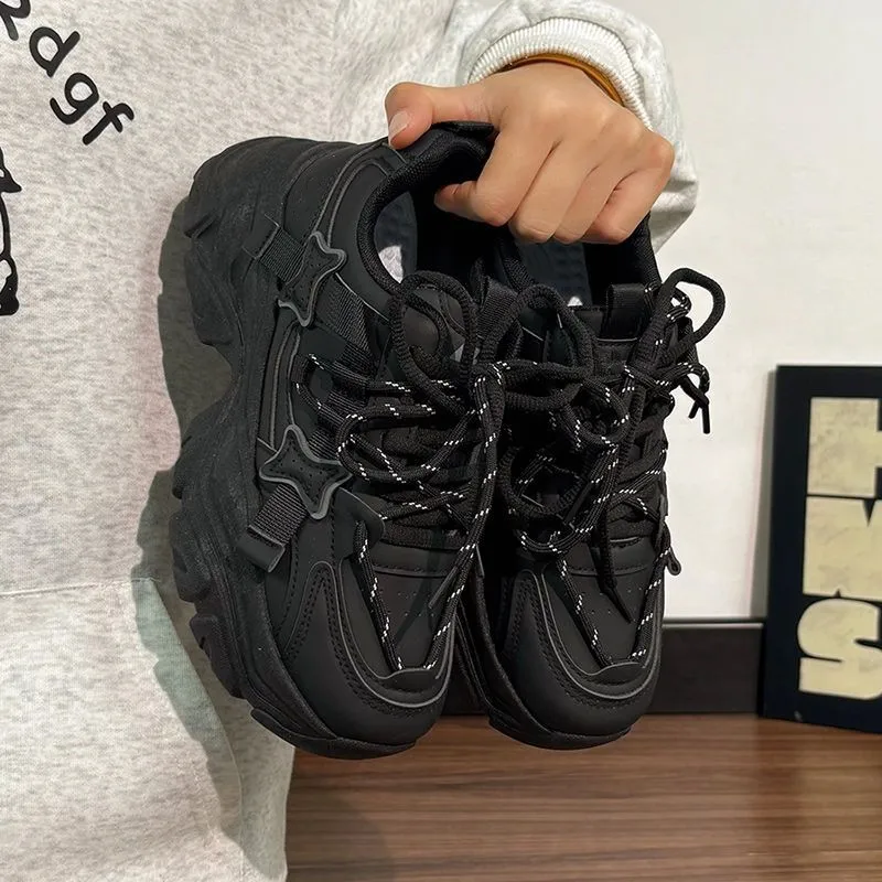 Black Sports Shoes, Women's Shoes, Spring and Autumn New Styles Versatile Temperament Soft Sole Raised Sole Thick Sole Dad Shoes