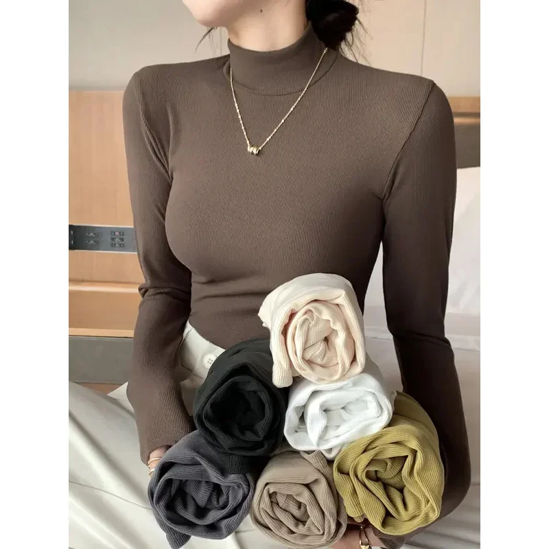 2024 New Knitted Half-turtleneck Pullovers Women Bottom Shirts Sweater Jumper Elegant Korean Fashion Long-sleeved Tops Knitwear