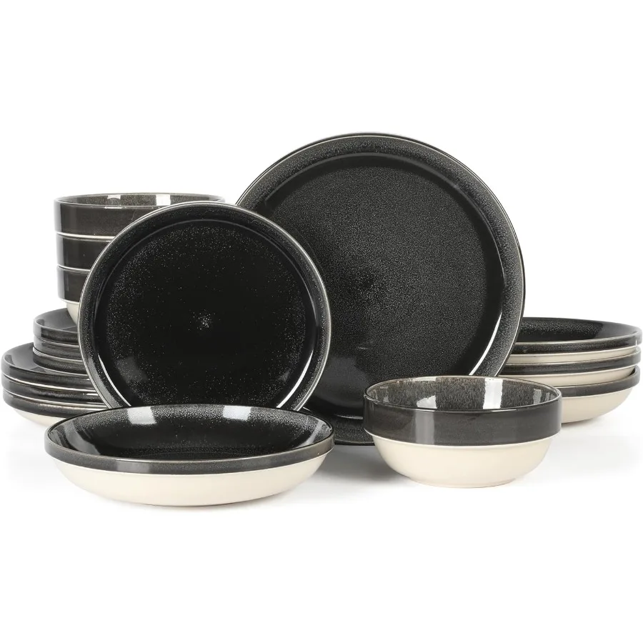 

Sur La Table Kitchen Essentials Banquette 16 Piece Double Bowl Plates and Bowls Reactive Glaze Stoneware Dinnerware Set - Black
