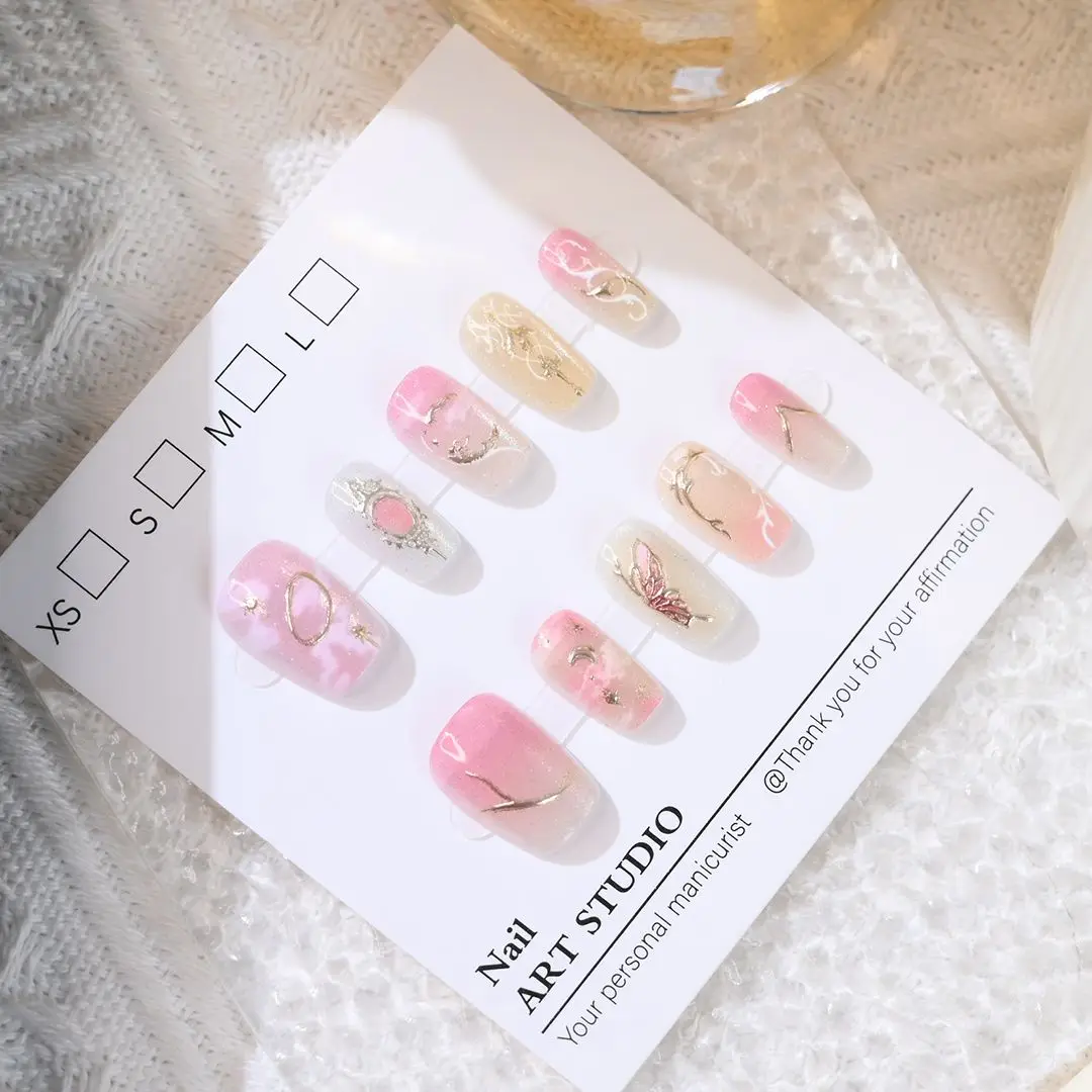 10 قطعة النساء والفتيات قصيرة النمط الفرنسي اضغط على الأظافر الأظافر كاذبة القط العين فراشة تصميم غطاء كامل انفصال مسمار نصائح