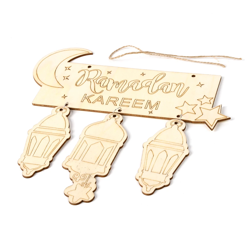 Wooden Eid Mubarak Hanging Pendant Ramadan  Pattern  Crafts Ornament with Rope Festival Decoration
