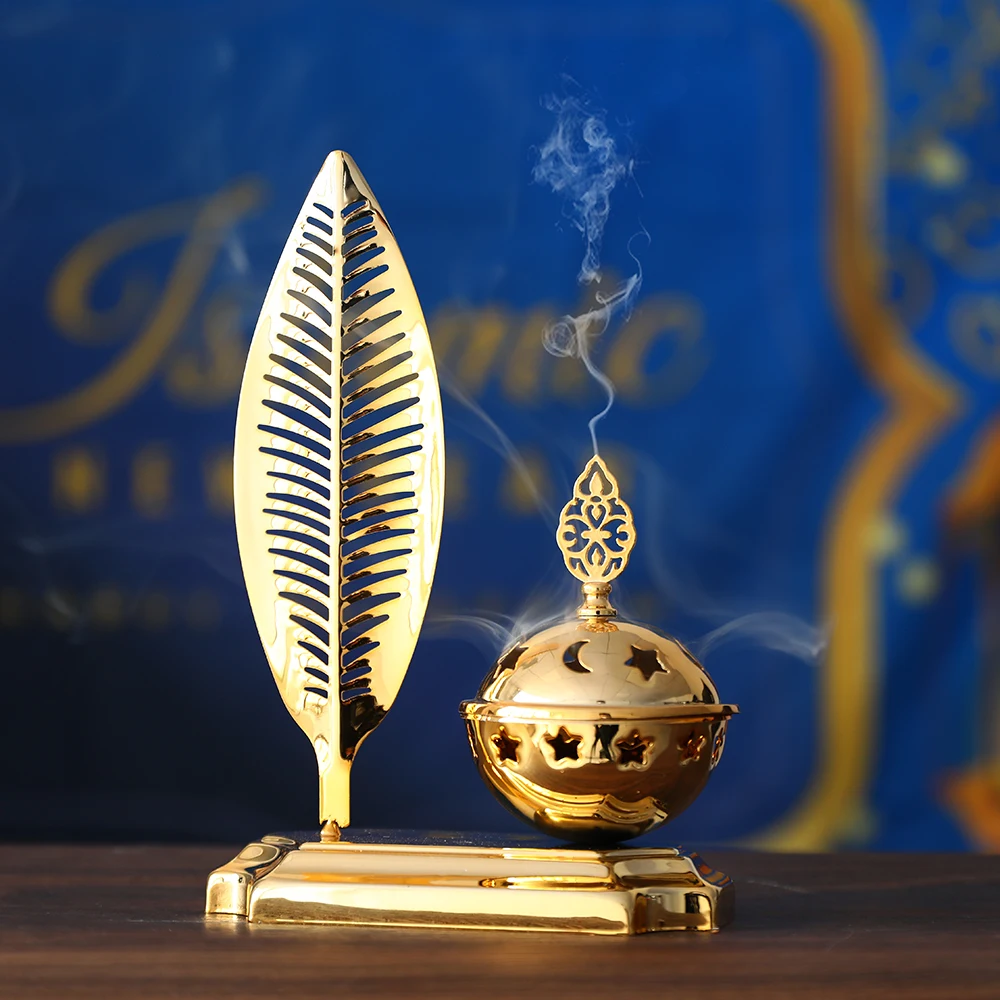 

Gold Brass Incense Burner Candlestick Holder Tray Moon Star Bakhoor Burner Eid Mubarak Incense Heater Aromatherapy Ramadan Decor