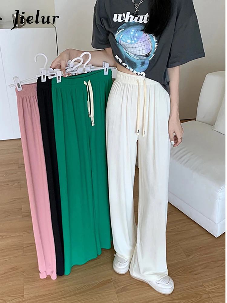 Jielur Summer Korean Style Basic Women Trousers Elastic Waist Wide Leg Pants Casual Cool Apricot Green Pants Female M-4XL