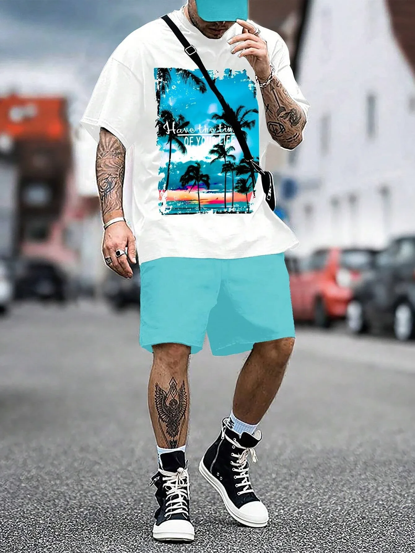 

Street Outdoor Breathable T Shirt Drawstring Shorts Set Men's Summer Short Sleeve Set Floral Printed Round Neck T Shirt Set