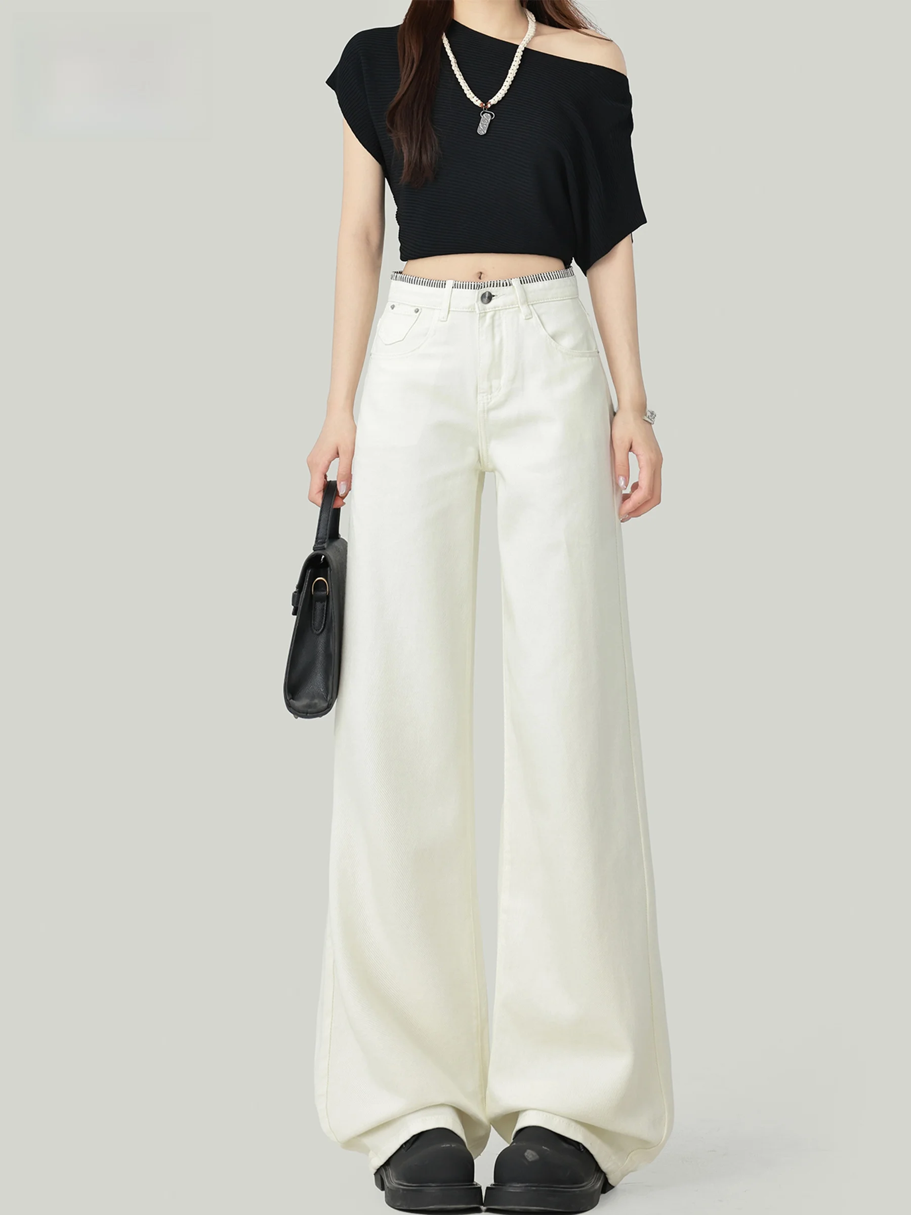 

Широкие джинсы с высокой талией для женщин, летние новые свободные брюки в пол, с лоскутным дизайном, прямого кроя, из денима