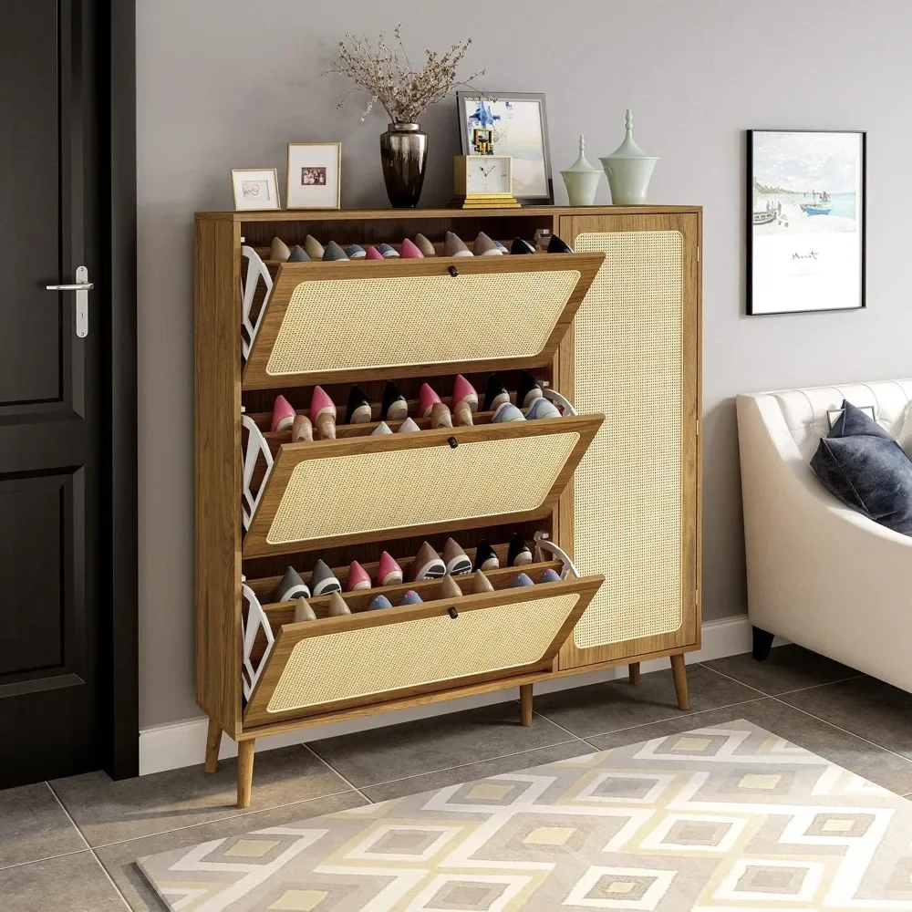 Natural Rattan Shoe Cabinet, Shoe Cabinet with 3 Flip Drawers and Storage Shelves, Modern 3-Tier Shoe Rack Storage Cabinet