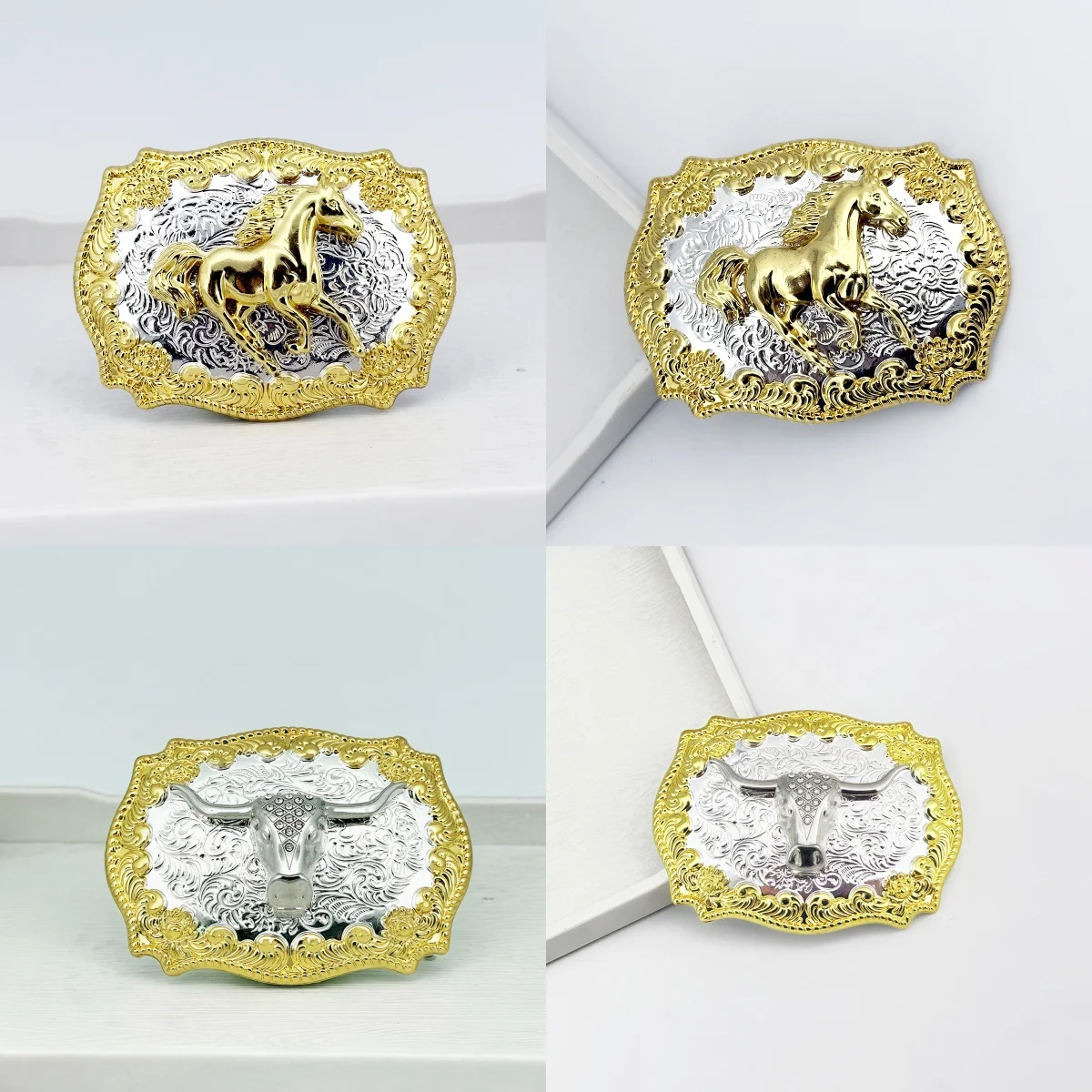 

Western style two-color retro style flash diamond carving zinc alloy denim gold galloping horse head, silver cow head belt buckl