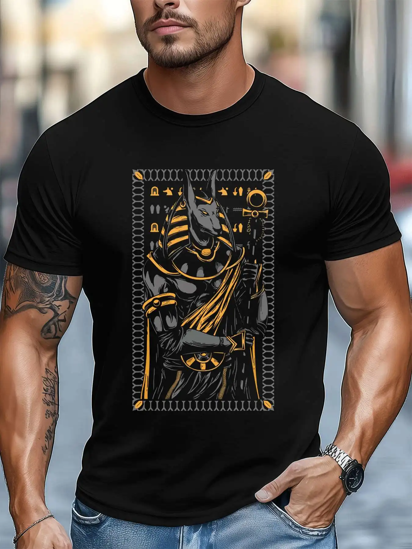 

Anubis Graphic Egypt Style Men's 220gsm New Summer Casual Crew Neck Pure Cotton Short-Sleeved T-Shirt