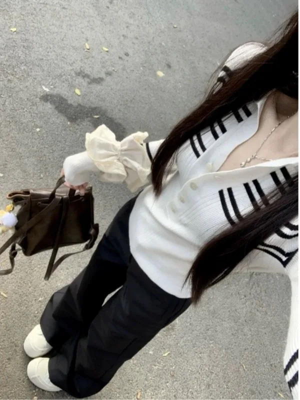 

Длинный вязаный свитер с белым полосатым воротником, женский облегающий свитер, весенне-осенний базовый слой, топ