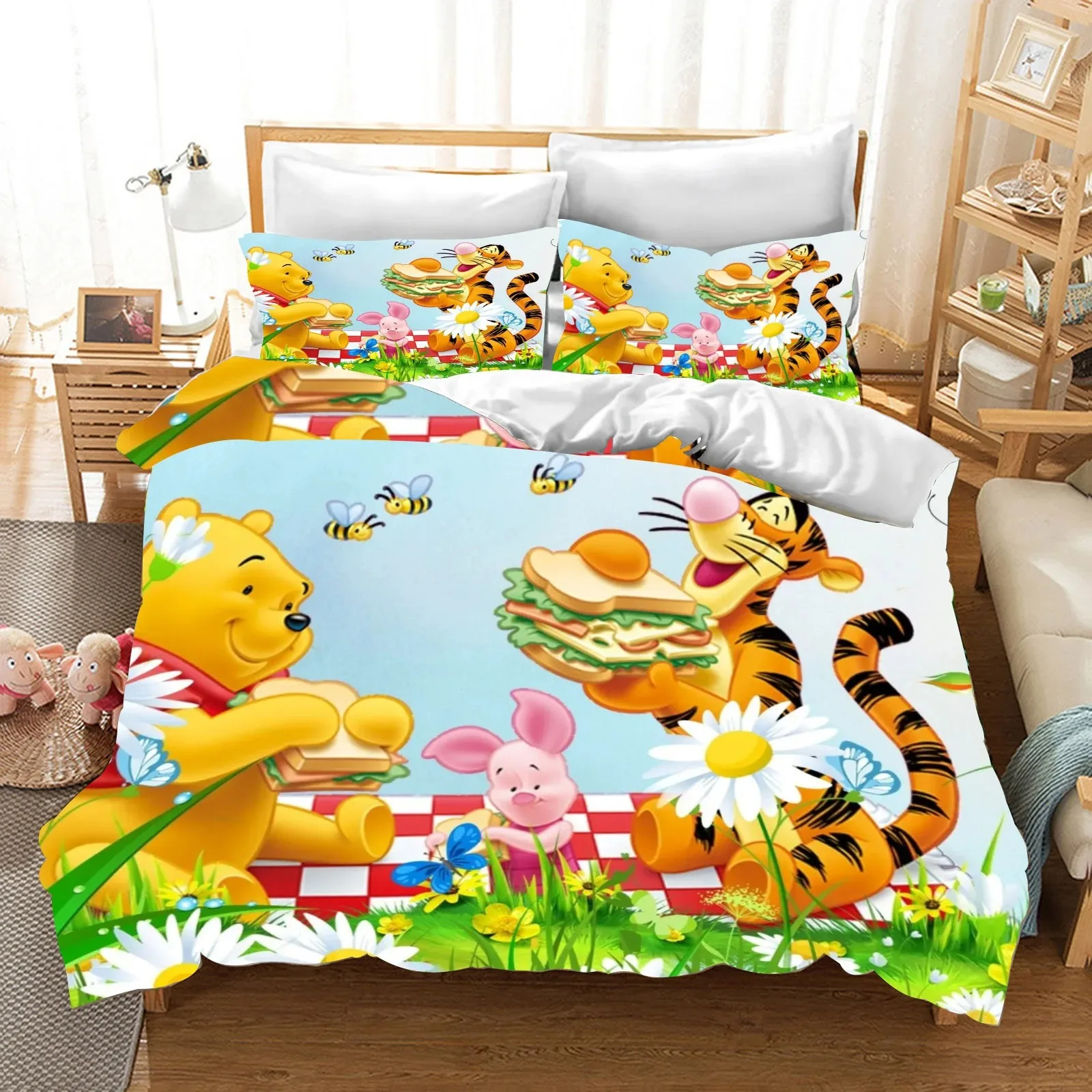 

Bedding Three-Piece Set, Disney Winnie the Pooh Duvet Cover Pillowcase Boy Girl Cartoon Anime Duvet Cover 175x220cm