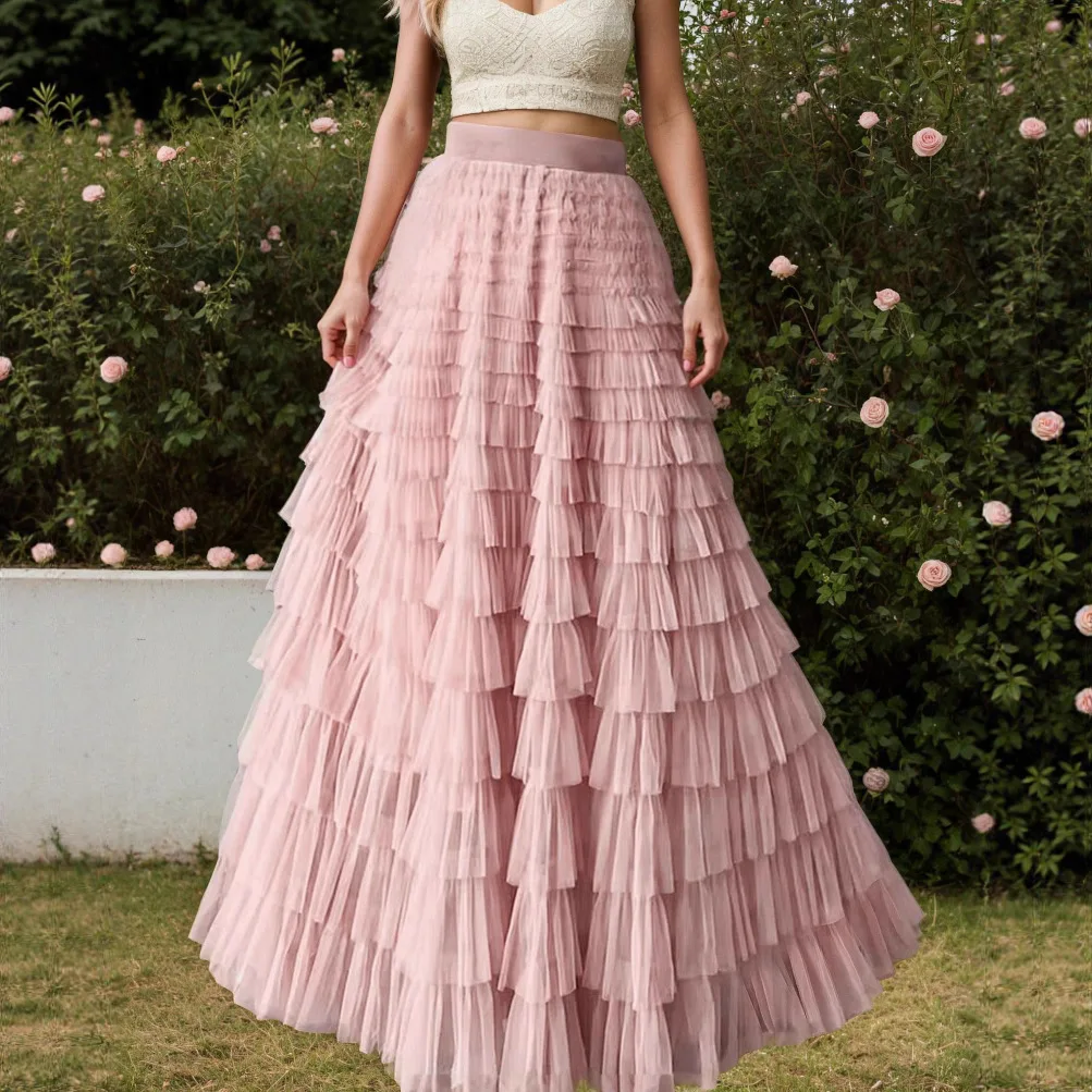 

Solid Color Half Skirt Multi-layer Mesh Patchwork Cake Skirt Sweet Big Hem Long Skirt for Women Dress Robe Vestido Women Party