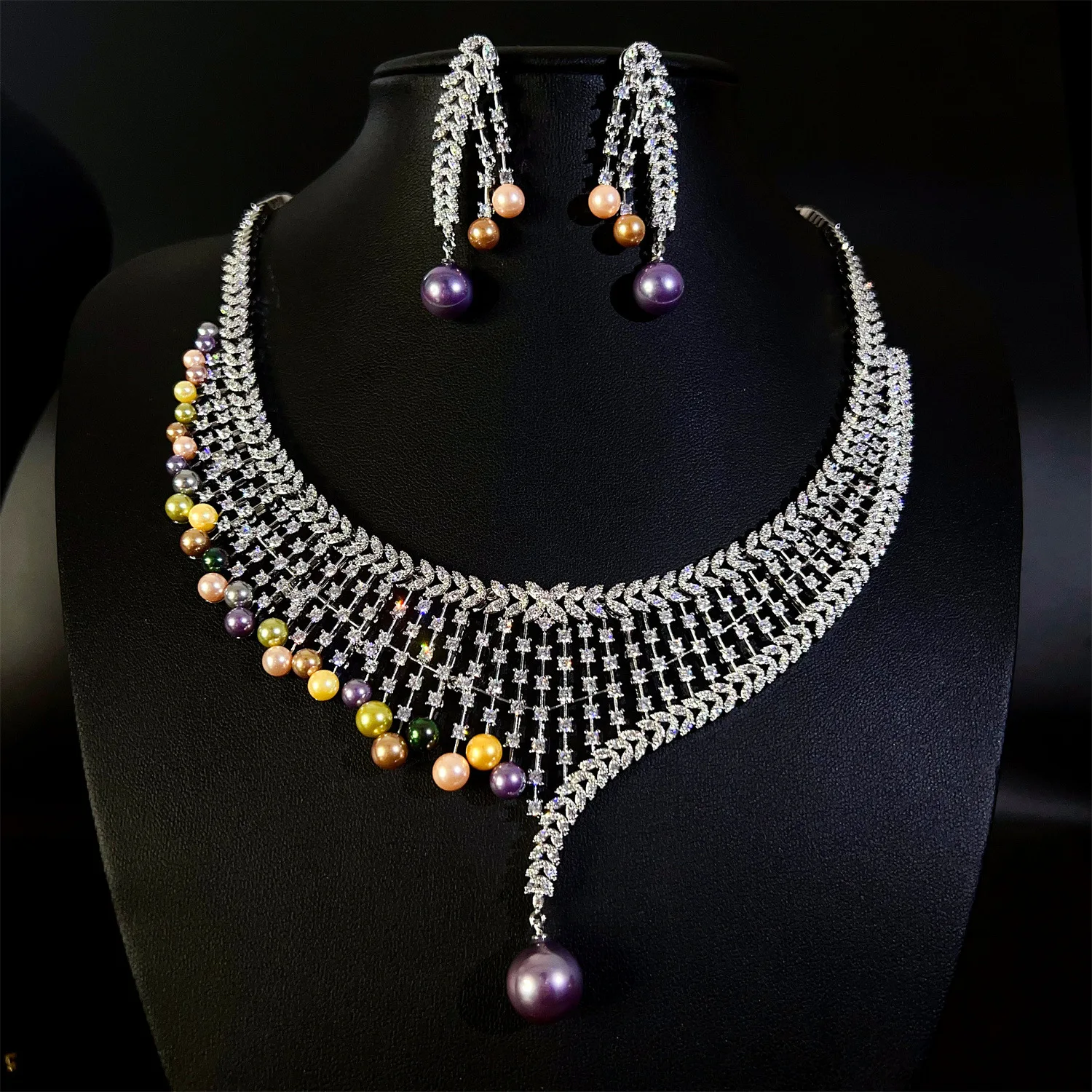 Stereo multicolor pearl sliver color sparkle necklace earrings women dress decorative jewelry wedding ball holiday gift M-824