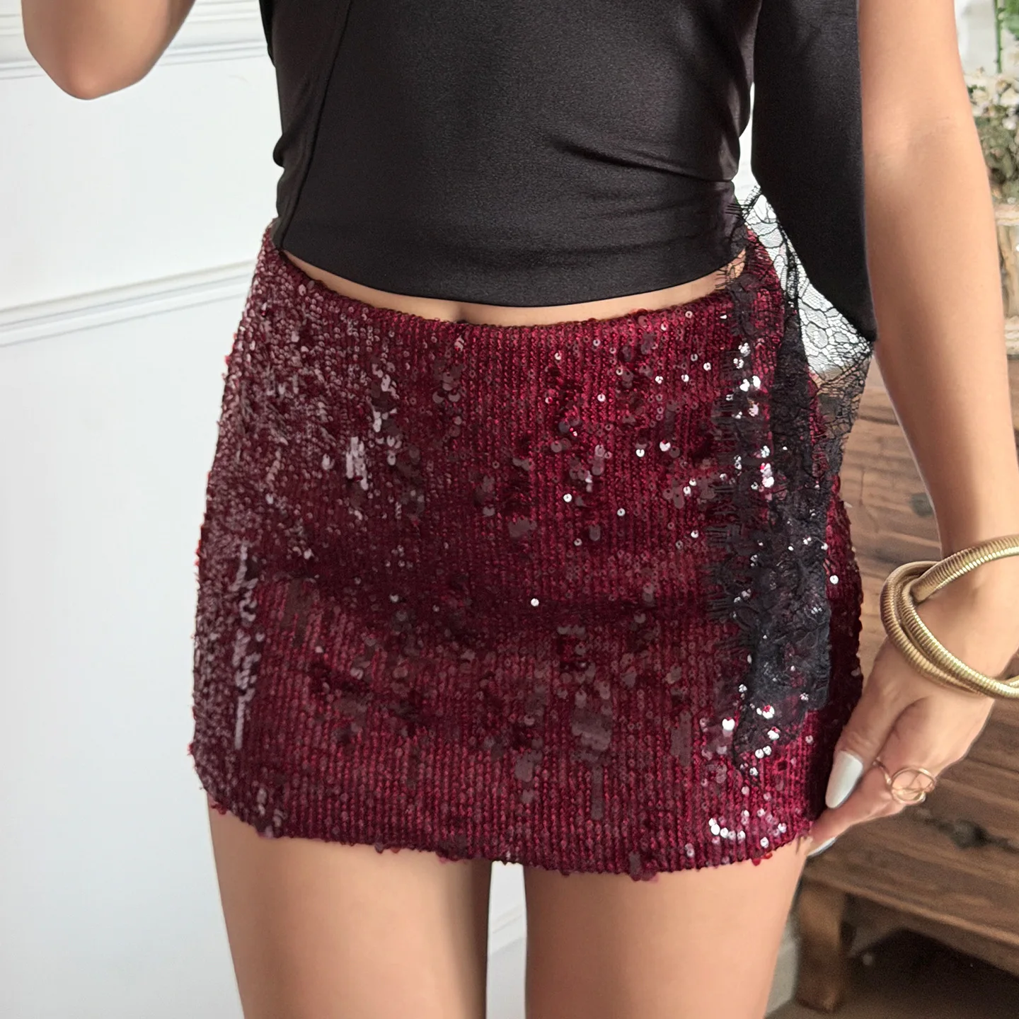 Autumn sexy spicy girl style slim fit red solid color sequin wrapped hip skirt