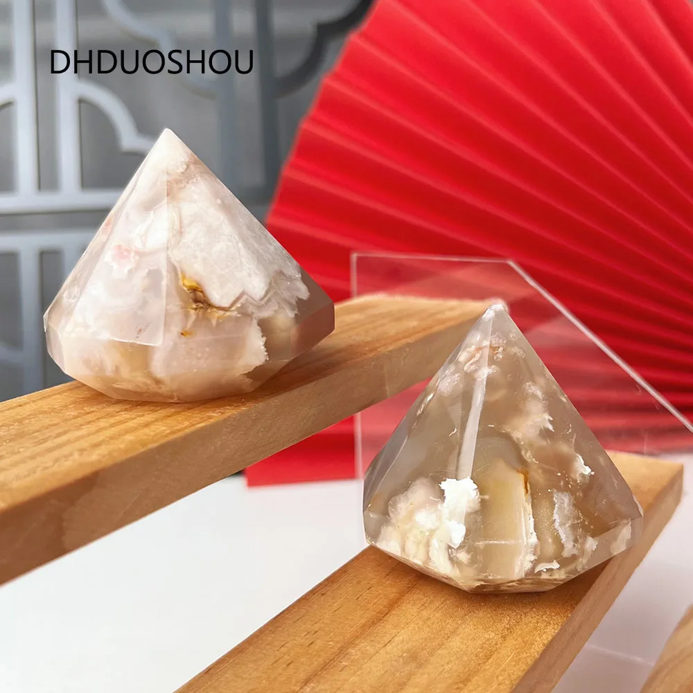 

Flower Agate Pyramid Natural Crystal Diamond Tower Ornaments Cherry Blossom Agate Stones For Meditation Yoga Witch Home Fengshui