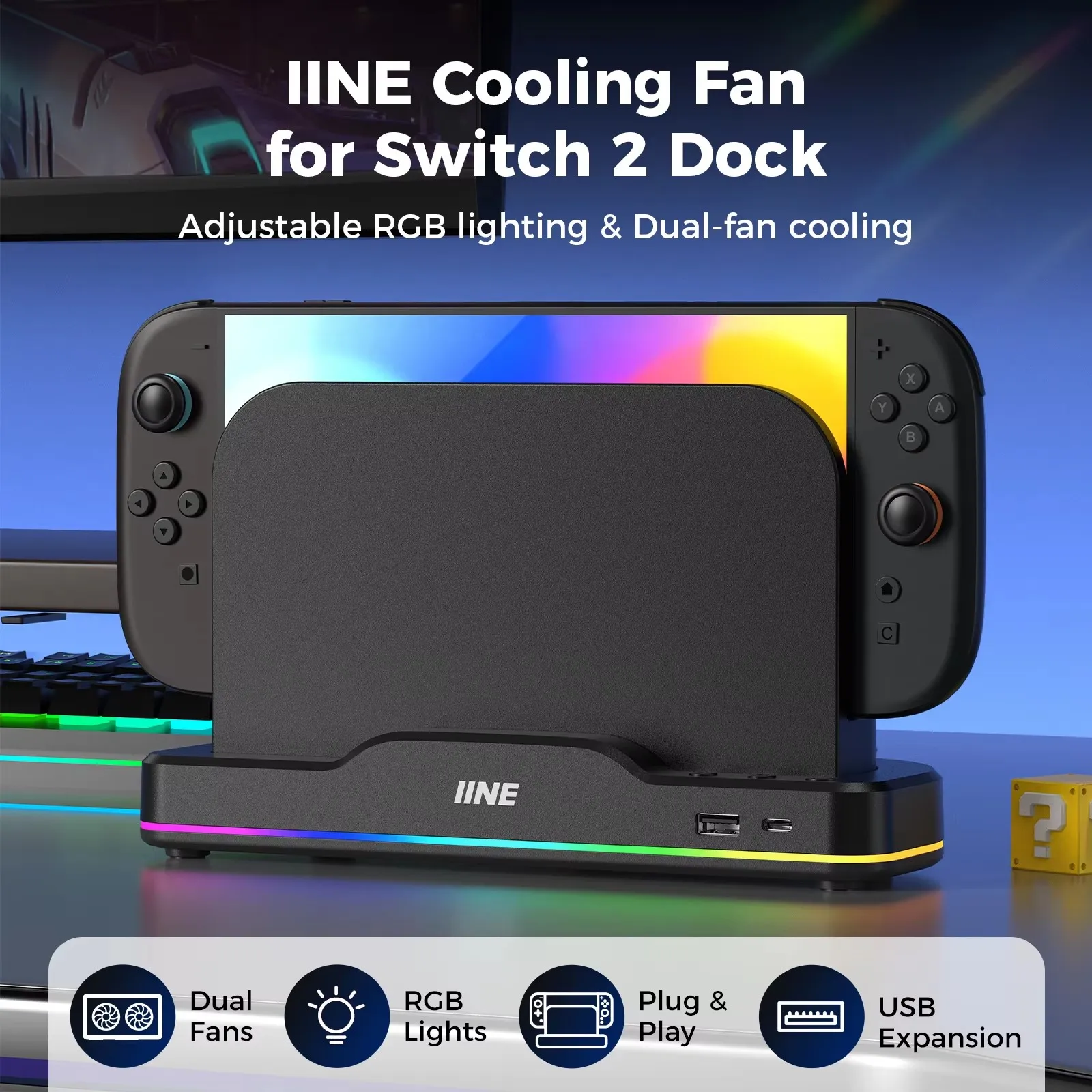 iine-rgb冷却ファン-switch-2-dock-ns2-switch2用、rgb照明、急速冷却、完璧なフィット感、デュアルファンゲームアクセサリー