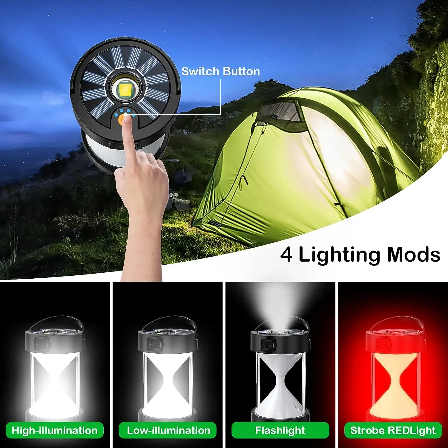 Hourglass Solar Lamp USB Rechargeable Camping Lantern LED Flashlight Outdoor Waterproof Emergency Power Bank For Hiking Fishing