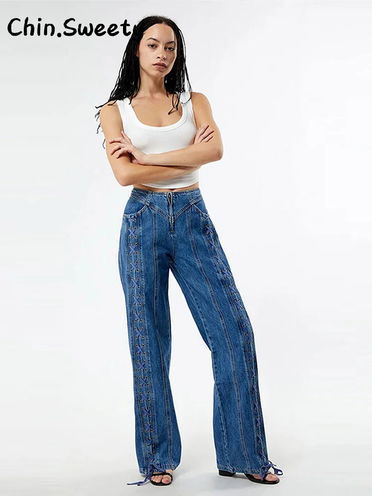 

Vintage Lace Up Denim Trouser Women Solid High Waist Pockets Zipper Strappy Slim Straight Jeans 2025 Summer Lady Chic Pants New
