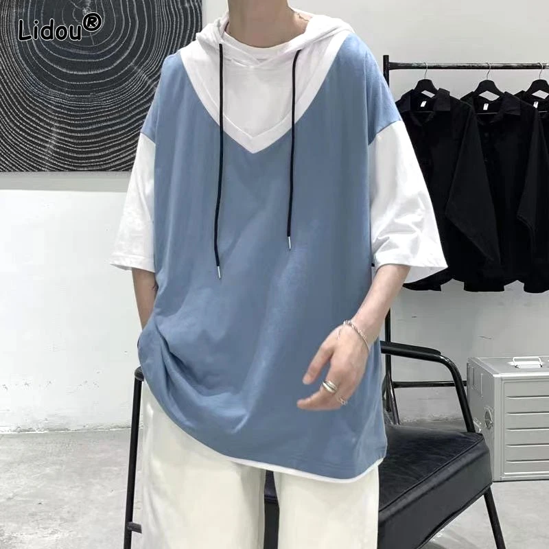 Street Casual Fashion Loose Pullovers Patchwork T-Shirts Short Sleeve Man Spring Summer Thin Hooded Round Neck Men\'s Clothing