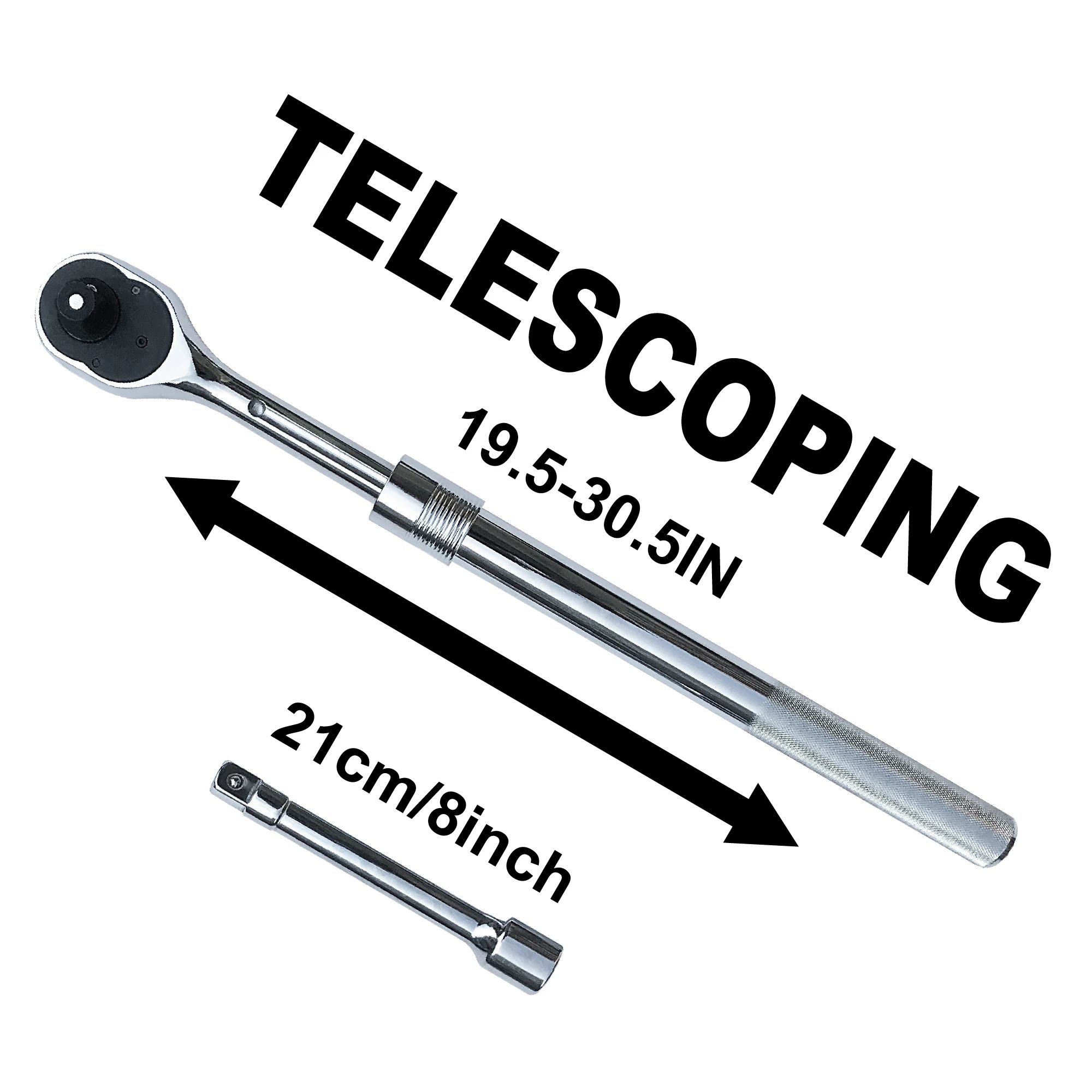 3/4" Drive Extendable Ratchet Handle, Extends 19.5in to 30.5in, Quick Release, 24-Tooth, with 8-Inch Extension Bar