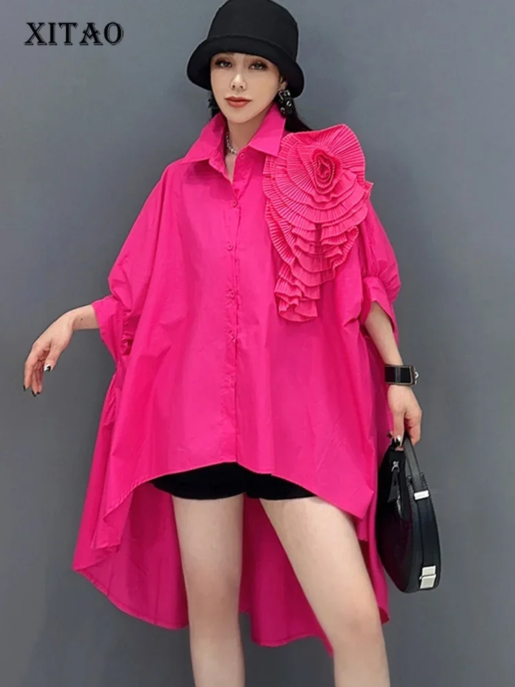 XITAO Irregular Batwing Sleeve Shirt Three Dimensional Decoration Floral Fashion Solid Color Women New 2024 Shirt DMJ4075