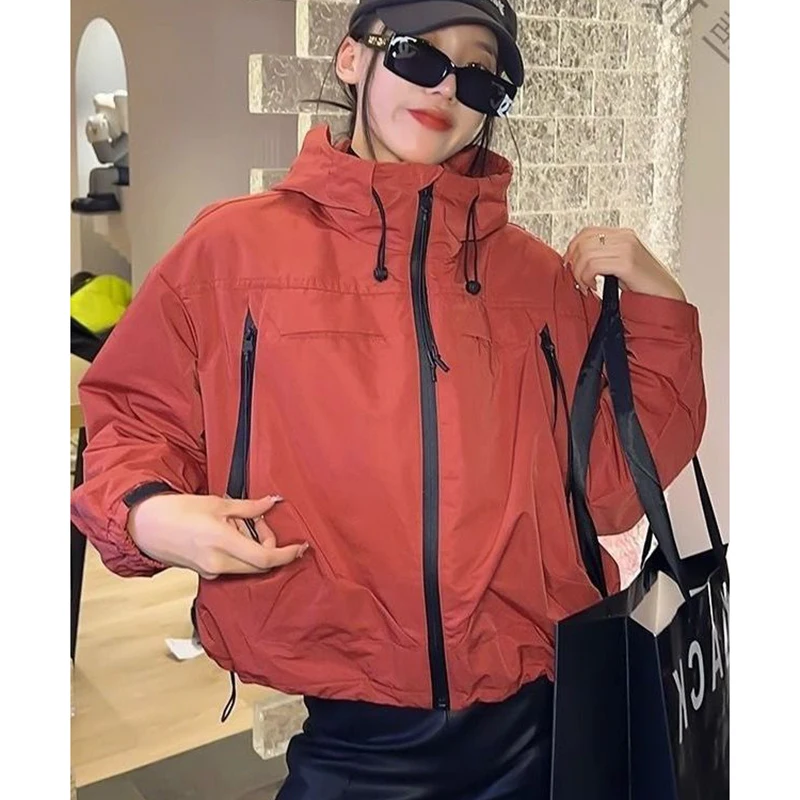 

Korean Women Fashion Zipper Windbreaker Coat Female Long Sleeves Tops Outwear Spring Autumn Ladies Loose Hooded Short Jacket
