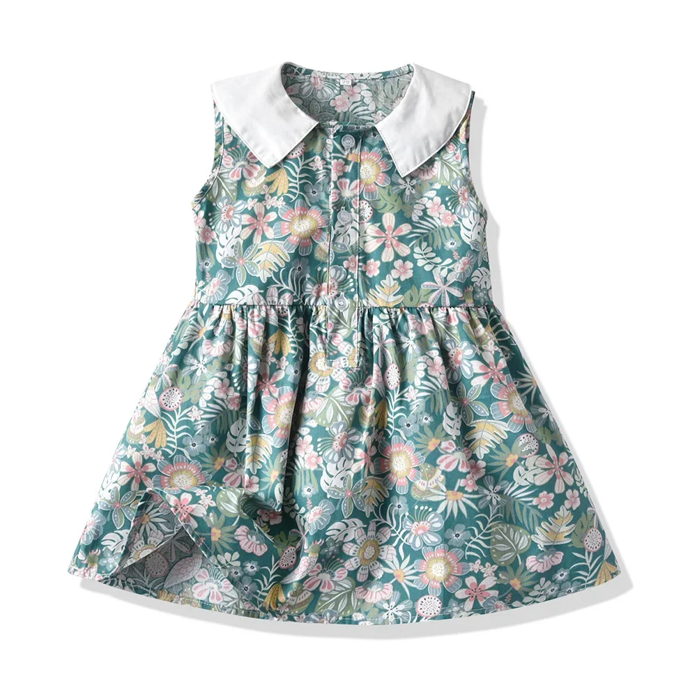 Vestido Floral de algodón para niños, vestido Retro francés sin mangas, cuello de Polo pequeño, primavera y verano, 2023