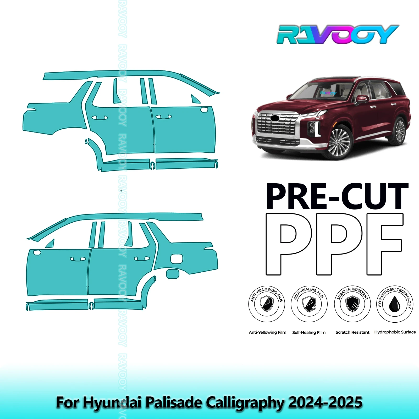 

For Hyundai Palisade Calligraphy 2024-2025 8.5mil Clear Matte Pre-Cut PPF Door & A/B Pillar Kit TPU Paint Protection Film Set