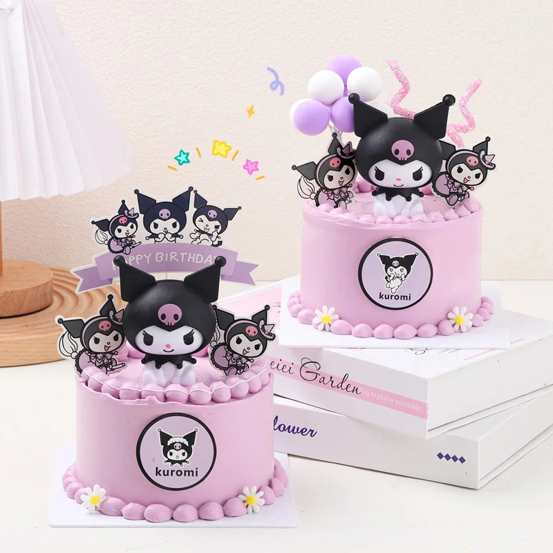 Kuromi Cake Topper Anime figura de acción Sanrio bandera feliz cumpleaños Kuromi pastel decoración niña Baby Shower juguete niños fiesta regalo